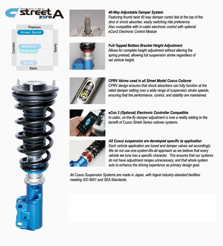 Cusco 2023+ Toyota Gr Corolla (Gzea14h) Street Zero-A 40-Way Adj Coilover Kit W/O Rear Upper Mount 1
