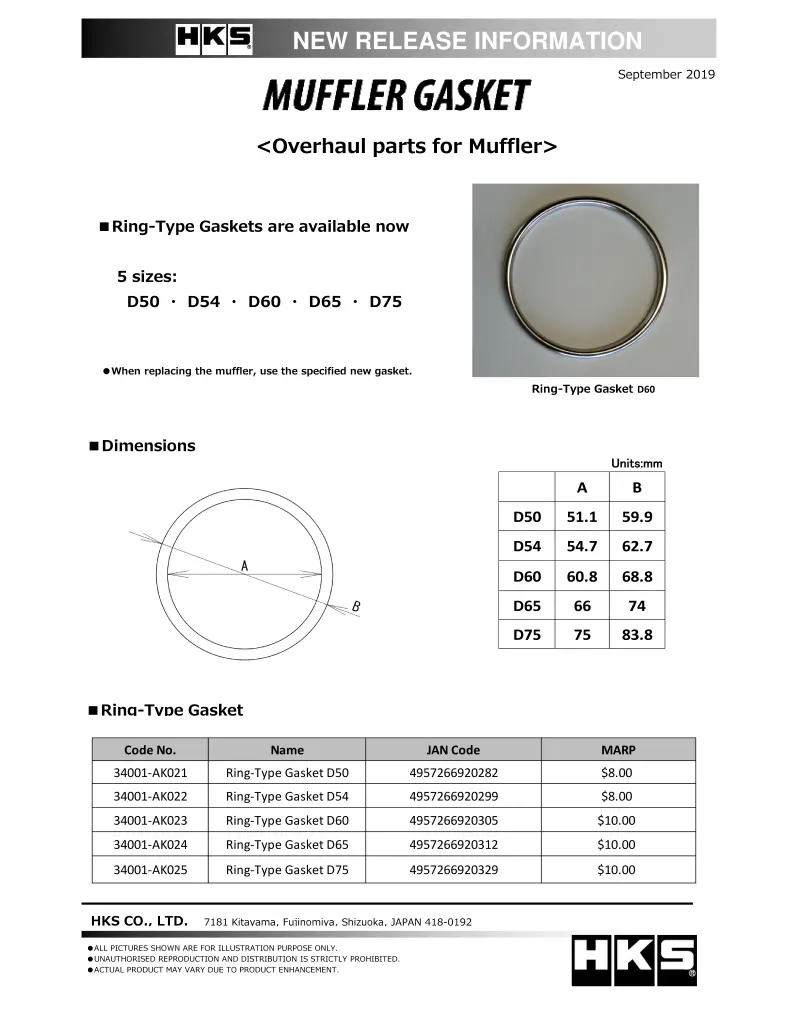 Hks Muffler Gasket 66Mm Id 74Mm Od 1